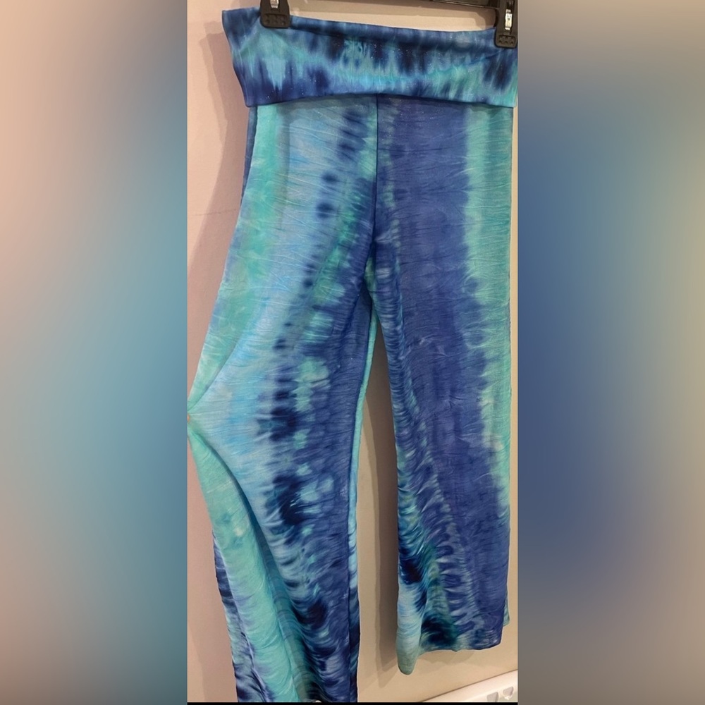 Tie dye blue sheer stretch sparkle beach pants- womens size Medium